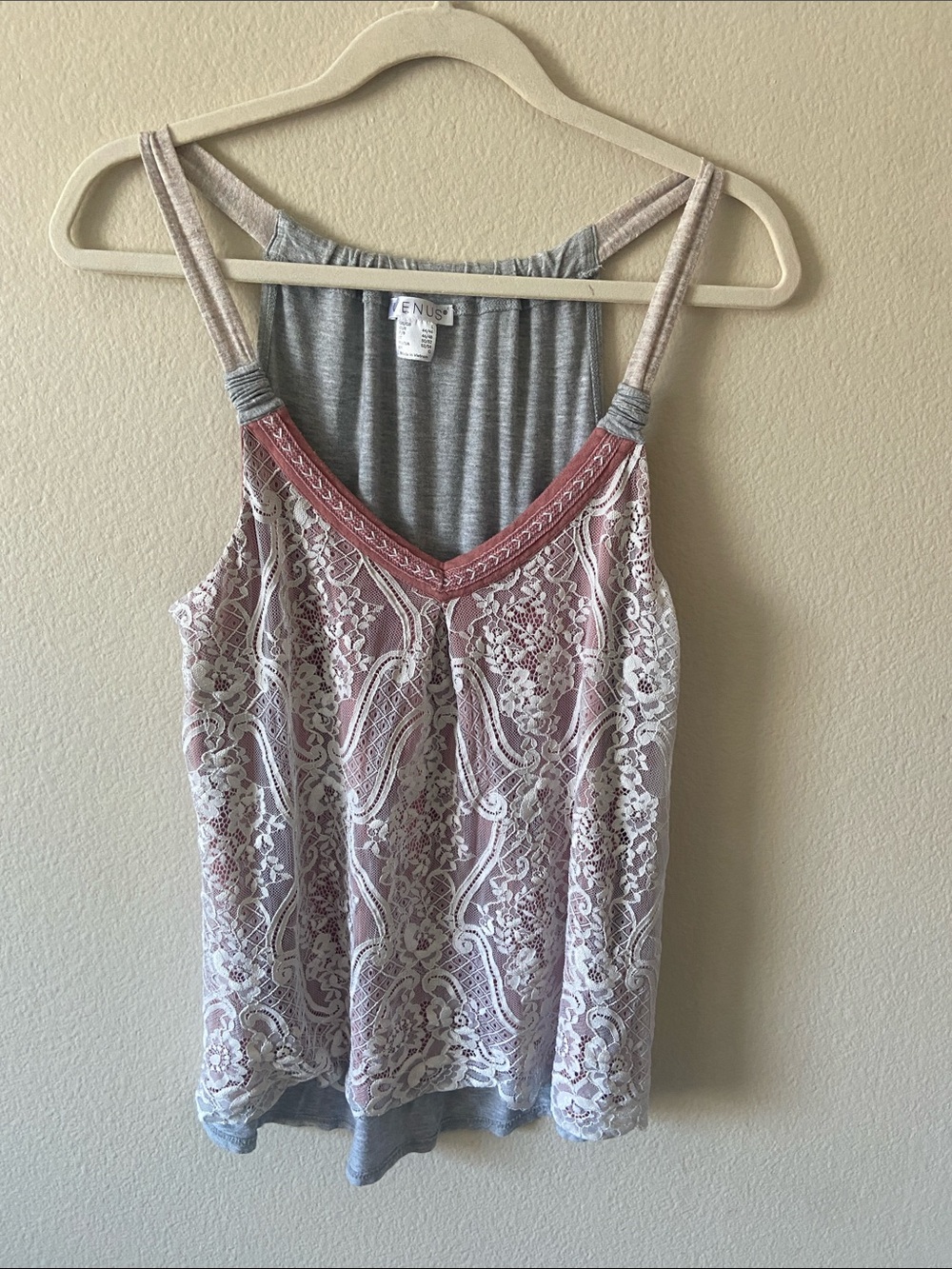 VENUS Dusty Pink Lace-Overlay Camisole with Gray Underlayer
